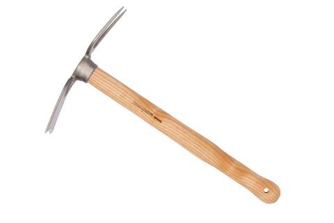 Beefy Dual Function Hand Mattock With Hoe Blade And Grubber For Small Garden Trenching And Root Cutting 15.5 Inch 3 Pound Compact Cultivator Tool Made In Germany Since 1899 Heidelberg Design, showing ash handle and metal head.
