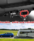 Half Inch Trailer Hitch Pin And Clip Set For Trailers With Quick Hook Up And Unhook For Tow Gear And Utility Vehicles in use, connected to a car towing a trailer.