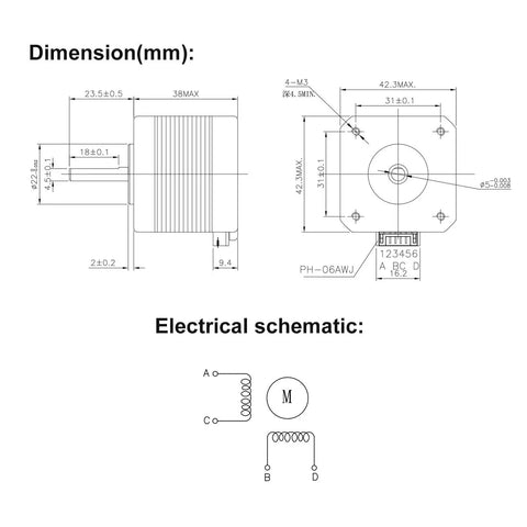 Built Different Nema 17 Stepper Motor With One Meter Cable And Connector 1 5 Amps 60 Oz Inch High Torque 1 8 Degree Step 38mm Body electrical schematic diagram and dimensions.