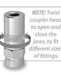 1/8 Inch Grease Gun Seal Off Adapter With Rubber Tip Pack Of 2 for Quick Lube Jobs, twist coupler head shown with instructions