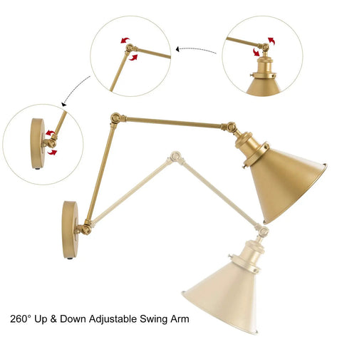 Gold Brushed Swing Arm Wall Sconces With Orange Cord Plug In Or Hardwired Adjustable Lighting Fixture With Inline Switch Two Pack