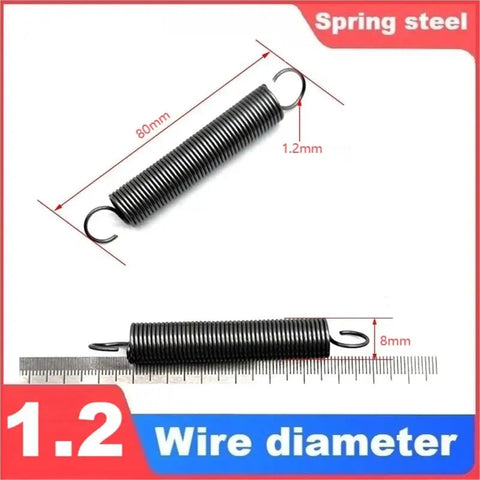 Close-up of stainless steel tension spring, 1.2mm diameter, 80mm length, part of Stainless Steel Tension Springs Set, 5 Piece Heavy Duty Extension Hook Wire.