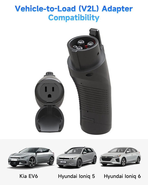 Vehicle To Load Adapter For Hyundai Ioniq 5 Ioniq 6 And Kia EV6 showing 120V AC outlet compatibility and sleek design.