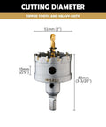 Front view of 2'' (51mm) TCT hole saw kit with tungsten carbide teeth and titanium-plated pilot drill bit
