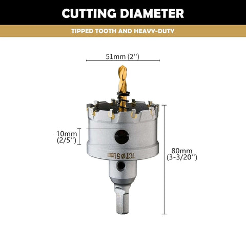 Front view of 2'' (51mm) TCT hole saw kit with tungsten carbide teeth and titanium-plated pilot drill bit