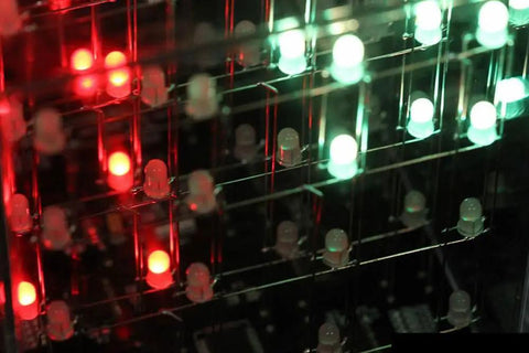 Quad Cube Animated Light Sculpture With 64 RGB LEDs Capable Of 4096 Colors 51 Visualizations, showing red and green LEDs.