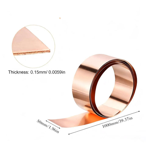 Real Deal One Roll Of Genuine 99.9 Percent Pure Copper Foil Sheets featuring 50mm width x 1000mm length coil with 0.15mm thickness.