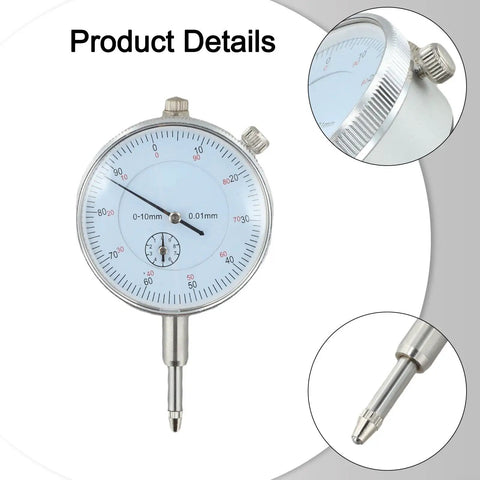 Magnetic Base Stand With Fine Adjustment For Dial Indicator, Built Tough With 60Kg Holding Power, V Groove For Cylindrical Surfaces, 0 To 10mm Gauge Range, Metal Inspection Tool For Precise Measurements. Dial indicator 0-10mm, 0.01mm, metal probe detail.
