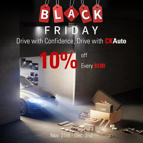Black Friday sale with CKAuto, car in garage, automotive parts box, 10% off promotion banner, Nov 21st - Dec 2nd