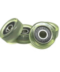 Five Pack Polyurethane Bearing Pulley PU60830-11 30mm Outer Diameter 8x30x11 PU Coated Roller Wheel in green, side view