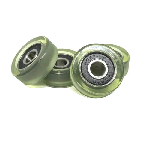 Five Pack Polyurethane Bearing Pulley PU60830-11 30mm Outer Diameter 8x30x11 PU Coated Roller Wheel in green, side view