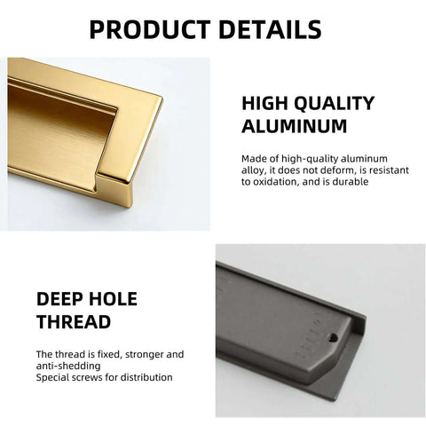 Two Pack Recessed Cabinet Handle And Flush Zinc Alloy Finger Pulls, gold finish, product details with aluminum and screw thread detail