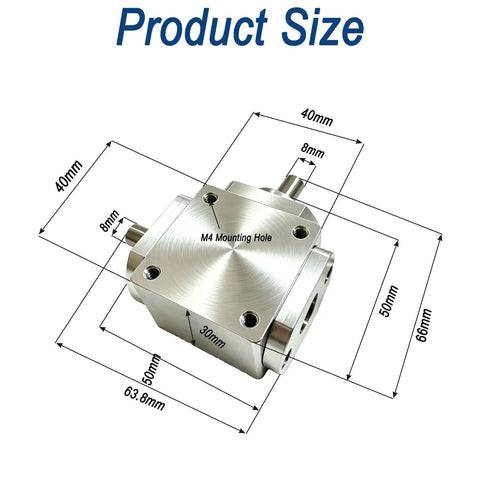 90 Degree Right Angle Bevel Gearbox with 1 to 1 Drive for DIY Projects, size dimensions and aluminum frame detail shown