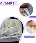Complete Piercing Kit With 25 Needle Pack From 12G To 20G, Dual Clamps, 6 Pairs Disposable Gloves, 10 Pads And Positioning Marker Pen For Safe Pro Grade Piercing Sessions For Pros And DIYers. Clamps shown in use.