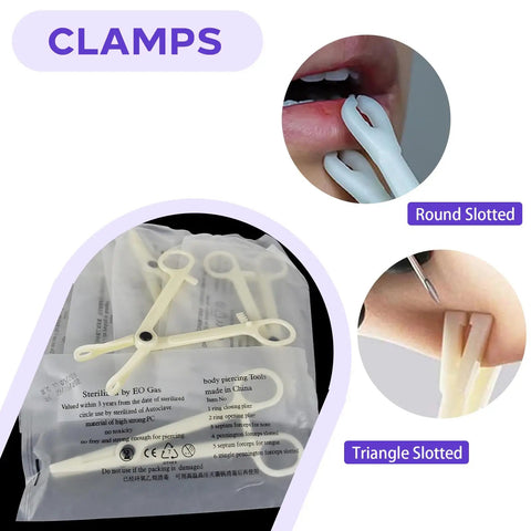 Complete Piercing Kit With 25 Needle Pack From 12G To 20G, Dual Clamps, 6 Pairs Disposable Gloves, 10 Pads And Positioning Marker Pen For Safe Pro Grade Piercing Sessions For Pros And DIYers. Clamps shown in use.
