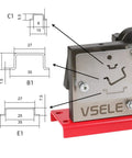 Effortless 35mm DIN Rail Cutter with Built In Guide and Measuring Ruler, shown with technical diagrams of cut shapes.