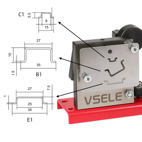Effortless 35mm DIN Rail Cutter with Built In Guide and Measuring Ruler, shown with technical diagrams of cut shapes.