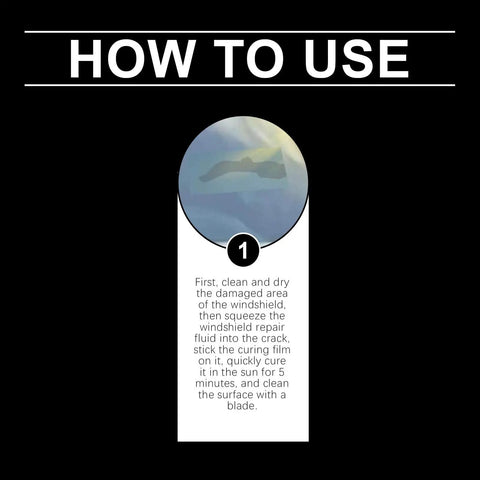 Step-by-step guide for using Windshield Crack Repair Kit With Advanced Repair Liquid, showing repair process instructions.