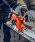 Built Tough Cordless Circular Saw For Spark Free Cold Cuts On Sheet Metal And Steel Pipe Works Like A Charm With Standard 18V Packs Comes Loaded With Two Heavy Duty Batteries And Quick Charger in operation on metal sheet. 