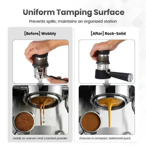 Comparison of wobbly vs. rock-solid tamping with Non Slip Silicone Coffee Tamper Base With Portafilter Holder For Luxe Cafe ES601 ES701
