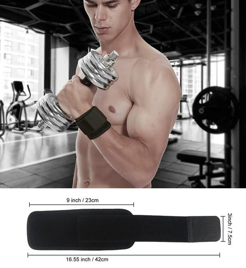 Man lifting dumbbell wearing 2 Pack Adjustable Wrist Brace Set for Fitness and Weightlifting, Keeps Tendonitis and Carpal Tunnel in Check.