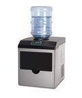 Top Shelf Electric Ice Cube Maker Machine With Integrated Water Dispenser Premium Stainless Steel Countertop Ice Unit showing a water dispenser on top.