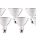 Six-pack of PAR38 Weatherproof Outdoor LED Flood Light Bulb 150W Equivalent, built tough, dimmable, displayed on white background