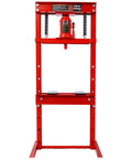 Heavy Duty 20 Ton H Frame Hydraulic Shop Press With Adjustable Height And Dual Guide Rods Crafted For Smooth Operation And Easy Garage Rig Up For Any Auto Repair Job In Bold Red front view on white background.