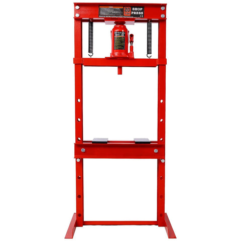 Heavy Duty 20 Ton H Frame Hydraulic Shop Press With Adjustable Height And Dual Guide Rods Crafted For Smooth Operation And Easy Garage Rig Up For Any Auto Repair Job In Bold Red front view on white background.