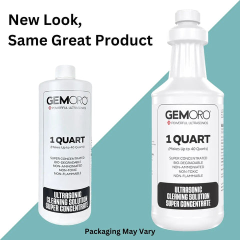 GEMORO 1 Quart ultrasonic cleaning solution bottles with updated packaging, labeled for jewelry cleaning, home use only.