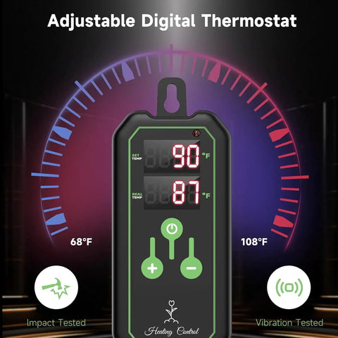Adjustable thermostat displaying 90°F for All In One Indoor Seed Starter Kit With Grow Light And Heat Mat For Seed Germination.