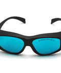 Rock Solid 2 Pair Laser Safety Glasses Block Nasty UV And Red Beam OD4 Filter Snaps On Easy Over Daily Glasses CE Approved Garage Maker Goggle Pack Blue Black Shell front view with blue lenses.