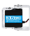Badass 35Kg Robot Servo With Slick Coreless Motor And Hefty Stainless Steel Gears For Humanoid Arms Rc Mods And Ptz Cameras Featuring Rock Solid Mount Brackets For Your Next Build, showing side view of the servo with blue label and metal bracket.