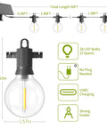 Diagram showing Solar Outdoor String Lights 50 Feet With 26 Edison G40 Bulbs IP65, highlighting bulb dimensions and features.