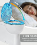Toilet Seat Elongated Quiet Close for Bathroom, 14.5" x 18.5" with blue design, features slow-close mechanism.