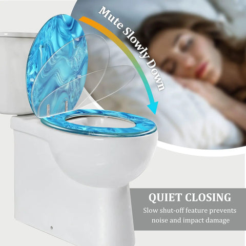 Toilet Seat Elongated Quiet Close for Bathroom, 14.5" x 18.5" with blue design, features slow-close mechanism.