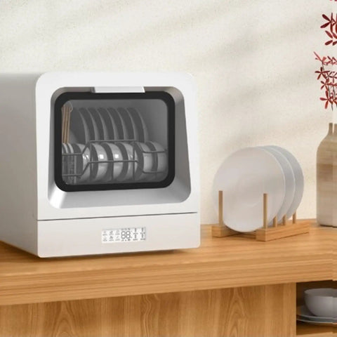 Sleek Countertop Dishwasher Straight Up Game Changer For Kitchens features a compact design with plates inside, ideal for saving counter space.