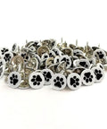 White Paw Print Upholstery Tacks 100 Piece Kit Flat Furniture Decorative Pins With Cute Dog Motifs For Couches Sofas And Wood Projects Big Time Room Refresh, 11mm decorative tacks with black paw designs.