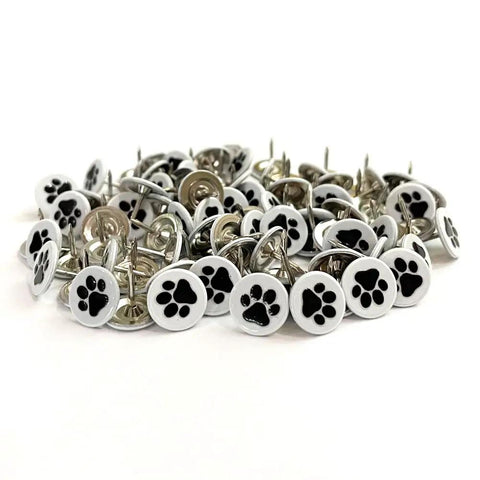 White Paw Print Upholstery Tacks 100 Piece Kit Flat Furniture Decorative Pins With Cute Dog Motifs For Couches Sofas And Wood Projects Big Time Room Refresh, 11mm decorative tacks with black paw designs.