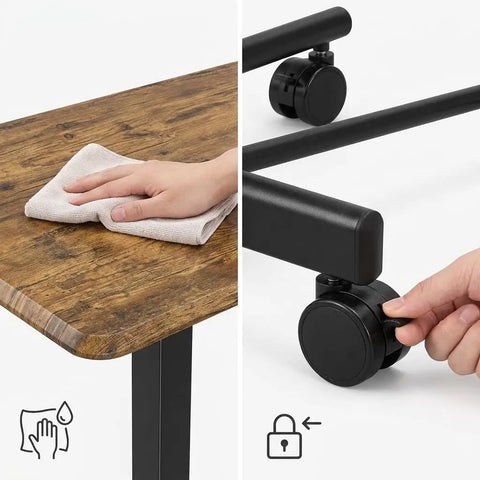 Cleaning the rustic timber top while adjusting the lockable wheel of the Rock Solid Mobile Standing Desk With Smooth Rollers And Quick Rise Adjustments For Effortless Sit Stand Transitions In Your Home Office Or Man Cave Featuring Classic Rustic Timber Top And Versatile Computer Workstation.