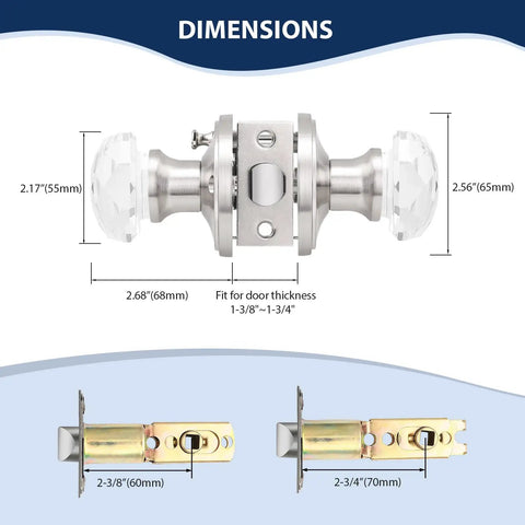 Dimensions of Five Pack Privacy Door Knobs With Clear Glass Handles In Satin Nickel Finish, showing fit and thickness details.
