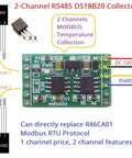 2 Channel Modbus Temperature Sensor Module with DS18B20 RS485 Adapter Board, Pro Grade for PLCs and Recorders, Circuit View
