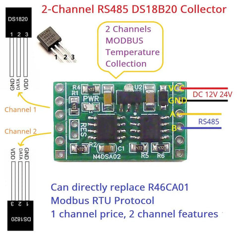 2 Channel Modbus Temperature Sensor Module with DS18B20 RS485 Adapter Board, Pro Grade for PLCs and Recorders, Circuit View