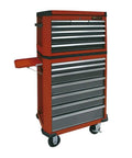 Game Changer Blue Tool Chest and Storage Cabinet 720 X 475 X 1505 MM Tough As Nails Heavy Steel Workshop Organizer For Garage Shop Pro Hardware Bins with red finish, wheels, and multiple drawers.