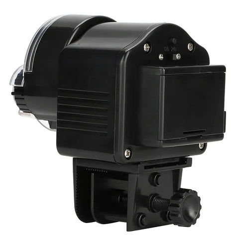Slick Install Automatic Fish Feeder For Aquarium Battery Operated With Adjustable Portion Control, side view with clamp.