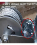 Close-up of Heavy Duty Electric Hoist Winch gear showing jammed mechanism with steel cable for workshop use.