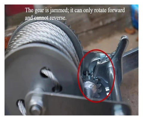 Close-up of Heavy Duty Electric Hoist Winch gear showing jammed mechanism with steel cable for workshop use.