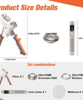 Five Hundred Piece Grommet Tool Kit For Fabric And Tarp Projects With Ten Millimeter Inner Diameter Eyelets Eighteen Point Five Millimeter Outer Diameter Grommets Manual Press Punch Handy For Banner Canvas And DIY Tarp Repairs with size details of pliers and grommets shown