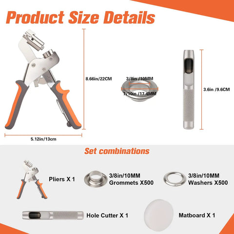 Five Hundred Piece Grommet Tool Kit For Fabric And Tarp Projects With Ten Millimeter Inner Diameter Eyelets Eighteen Point Five Millimeter Outer Diameter Grommets Manual Press Punch Handy For Banner Canvas And DIY Tarp Repairs with size details of pliers and grommets shown