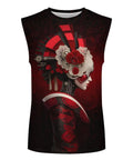 Mens Retro Washed Oversized Tank Top Featuring Vibrant Japanese Geisha And Sakura Cherry Blossom Print Relaxed Fit Y2K Streetwear Muscle Tee in red and black design.